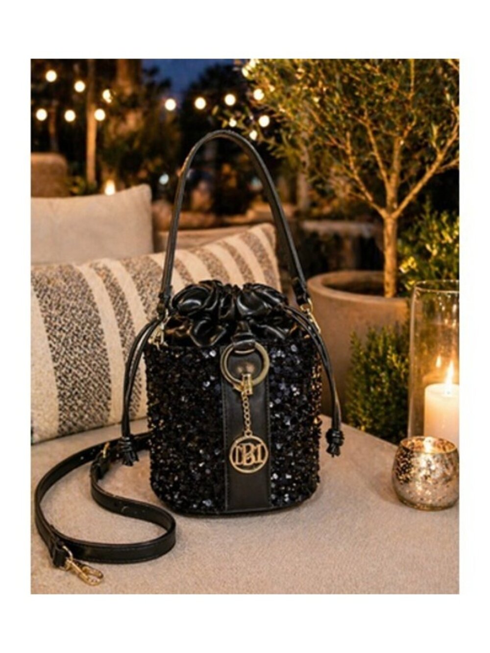 Badgley Mischka BMH-513 Black Sequin Bucket Bag One Size NWT